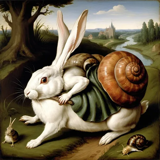 Prompt: a painting of a rabbit riding a snail, 
academic art, medieval