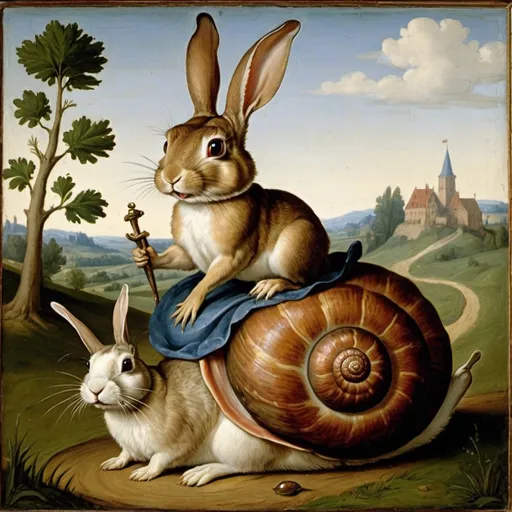 Prompt: a painting of a rabbit riding a snail, 
academic art, medieval