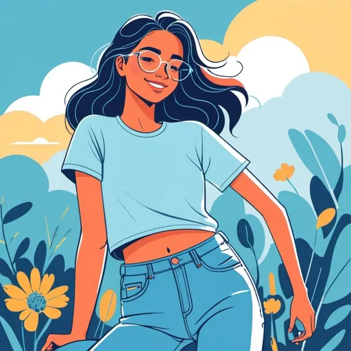 Prompt: 2d flat art, a woman in a light blue t shirt and a light blue jeans, vector art, sunny day, cover art, bright colors, cute illustration