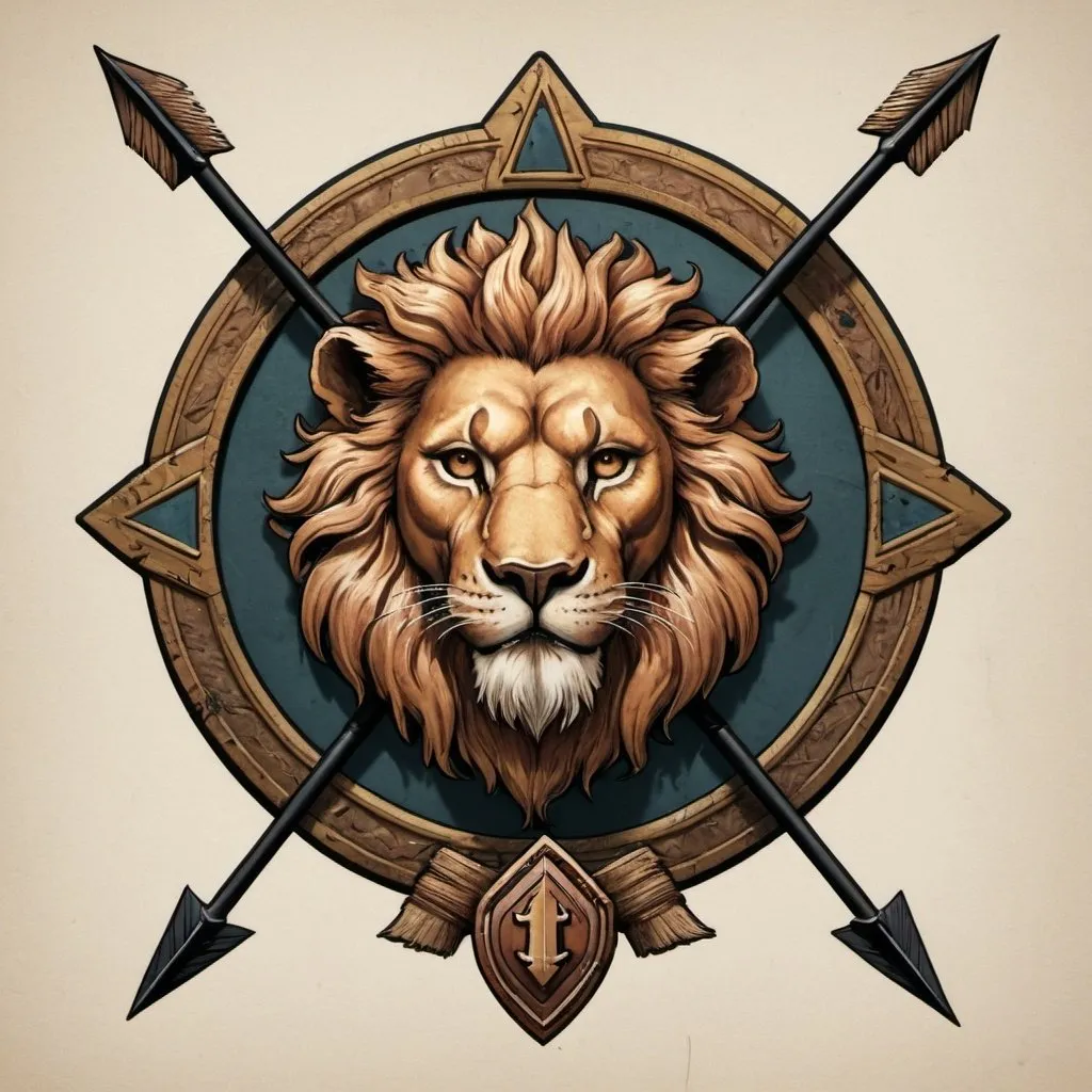 Prompt: a tribe crest with six lion heads and an arrow emblazoned on it