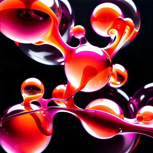 Prompt: Abstract glossy, fluid-like transparent structures and spheres transparent magenta orange, molten glass in mid-air, dynamic, dark backdrop