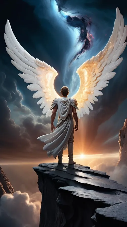 Prompt: An angel standing at the edge of a celestial cliff, overlooking a swirling universe. His back is to the viewer. One wing is intact and glowing, the other is beginning to darken and crumble into ash. The sky above is split—half radiant light, half stormy darkness. Epic fantasy composition, high contrast lighting, emotional tone of loss and grandeur.