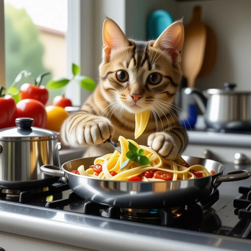 Prompt: A cat cooking in the kitchen making a pasta dish