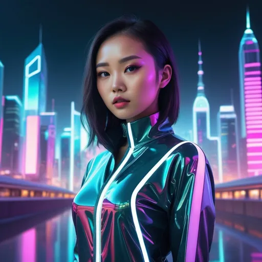 Prompt: (futuristic Asian girl), sleek and neon-inspired attire, (reflective surfaces) glimmering in vibrant colors, holographic elements surrounding her, with a high-tech urban skyline in the background, (cool tone) lighting creating a surreal atmosphere, dynamic pose conveying confidence, (4K) ultra-detailed, beautifully rendered scene capturing the essence of futurism.