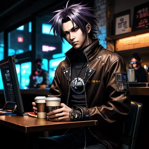 Prompt: Anime cyberpunk style, man in coffee shop, highly detailed, HD, dark background