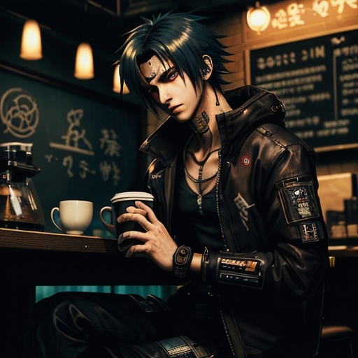 Prompt: Anime cyberpunk style, man in coffee shop, highly detailed, HD, dark background