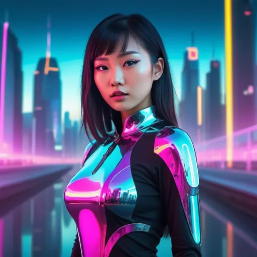 Prompt: (futuristic Asian girl), sleek and neon-inspired attire, (reflective surfaces) glimmering in vibrant colors, holographic elements surrounding her, with a high-tech urban skyline in the background, (cool tone) lighting creating a surreal atmosphere, dynamic pose conveying confidence, (4K) ultra-detailed, beautifully rendered scene capturing the essence of futurism.