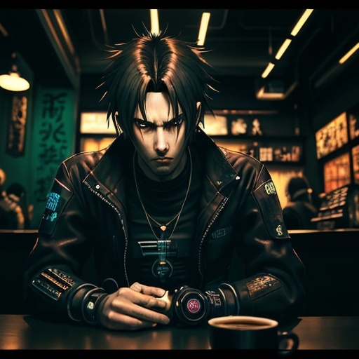 Prompt: Anime cyberpunk style, man in coffee shop, highly detailed, HD, dark background