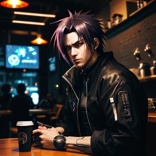 Prompt: Anime cyberpunk style, man in coffee shop, highly detailed, HD, dark background