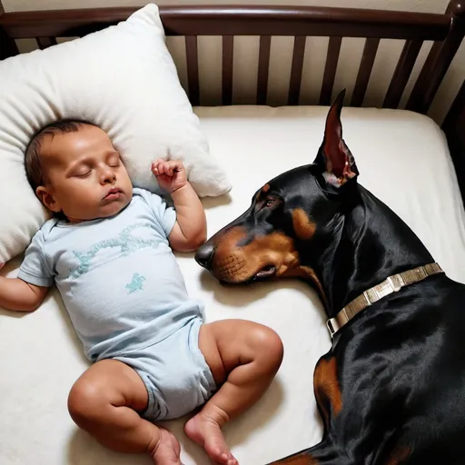 Prompt: baby sleeping guarded over by a Doberman dog