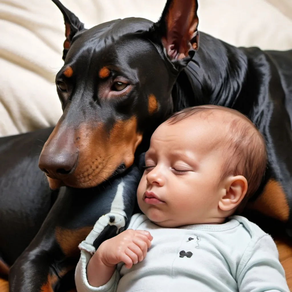 Prompt: baby sleeping guarded over by a Doberman dog