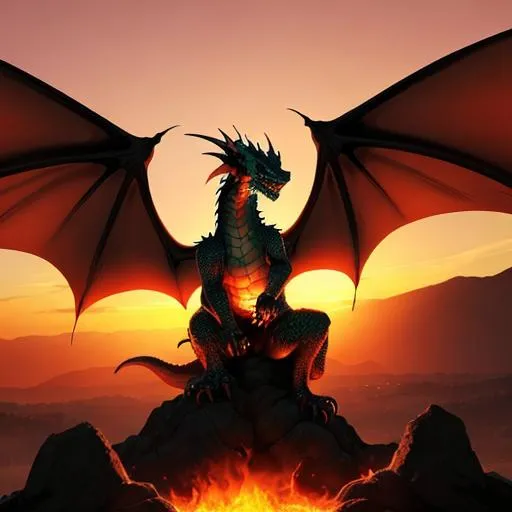 Prompt: A dragon, sunset with a fire hot sun