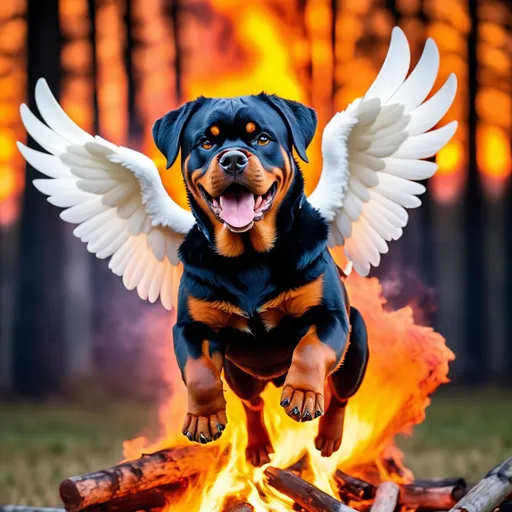 Prompt: Rottweiler with white wings flying in a fire like sunset 