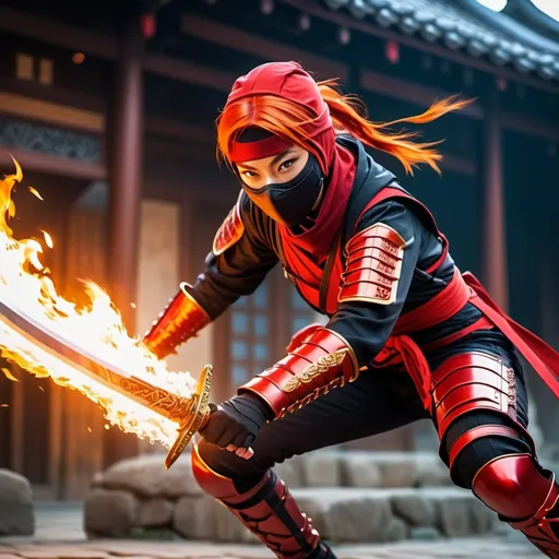 Prompt: a female ninja, branding a flame sword, leaping, red armor, flaming eyes, dslr, ultra quality, sharp focus, tack sharp, dof, film grain, 8k UHD, crystal clear, high detailed skin, skin pores