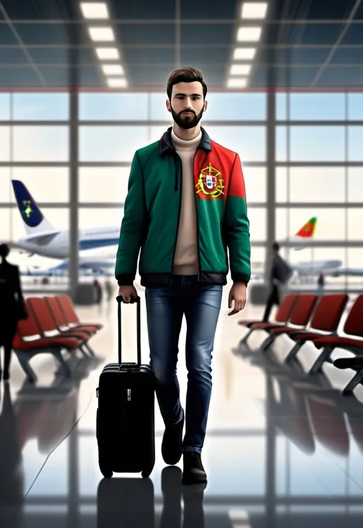 Prompt: generate me an image with 3:4 format of a person in an airport, carrying suitcases and wearing a stylish jacket with a blurred backround showing terminal architecture, with 1 portuguese flag in a digital painting style