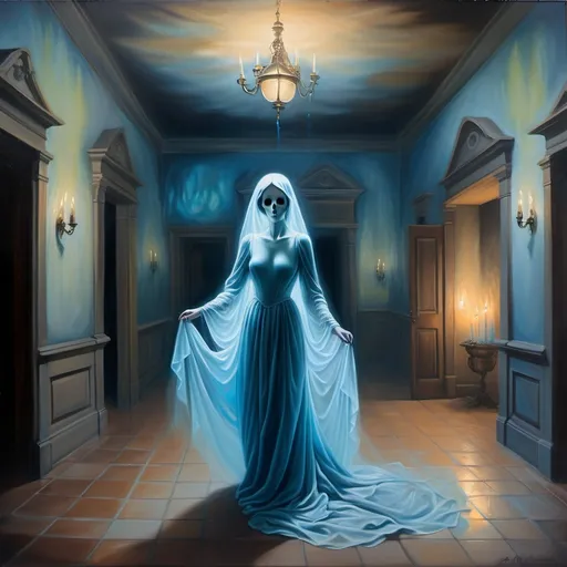 Prompt: A mystical painting using oil on canvas of an elegant female ghost drifting through the halls of an ancient well maintained mansion.  Her iridescent gown swirls around her limbs and hugs her slender waste like soft cashmere.  The halls are light with blue flame candles that cast an eerie light onto the many Victorian paintings that hang from the walls.  The mood is magical and serene.