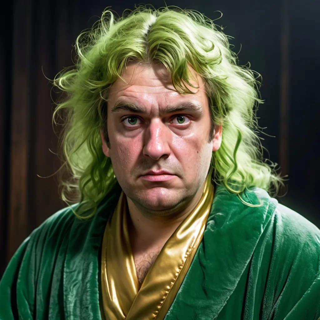 Prompt: A very sweaty, grimy, puffy faced man in a green wizard's robe with goldilocks hair