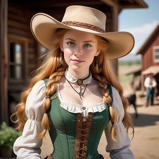 Prompt: Create a portrait of a woman in a Wild West setting. She has long, strawberry blonde hair, loosely braided, and large, bright, cheerful green hazelnut eyes. Her build is slender and of medium height, with a body shape influenced by the use of corsets.

For her town outfit, she is wearing a nice pleated dress with a stylized bonnet or hat. When traveling, she wears an overcoat and a large-brimmed cowboy hat. Around her neck, she wears a gold chain necklace with a piece of ghost ore shaped and polished like a polyhedron.

Her posture reflects a blend of toughness and warmth, holding herself like the women of the Wild West—stern and firm but still inviting. She exudes a confident, striking presence, with an air of elegance and self-assuredness.

Set this portrait in a frontier town, with subtle hints of a rough, yet mystical atmosphere that reflects the Weird West setting.

This should help the art model capture McKenzie’s look and the atmosphere you want!











ChatGPT ca