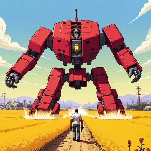 Prompt: GTA V cover art, red Ghengis mech self destructing in a flat long stretching yellow field , cartoon illustration