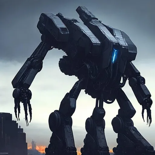 Prompt: Large mech with gravity cannon arm, rifle arm, black silhouett,menacing presence, sci-fi, futuristic, powerful, futuristic weaponry