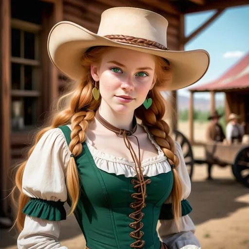 Prompt: Create a portrait of a woman in a Wild West setting. She has long, strawberry blonde hair, loosely braided, and large, bright, cheerful green hazelnut eyes. Her build is slender and of medium height, with a body shape influenced by the use of corsets.

For her town outfit, she is wearing a nice pleated dress with a stylized bonnet or hat. When traveling, she wears an overcoat and a large-brimmed cowboy hat. Around her neck, she wears a gold chain necklace with a piece of ghost ore shaped and polished like a polyhedron.

Her posture reflects a blend of toughness and warmth, holding herself like the women of the Wild West—stern and firm but still inviting. She exudes a confident, striking presence, with an air of elegance and self-assuredness.

Set this portrait in a frontier town, a rough, mystical atmosphere that reflects the Weird West setting.