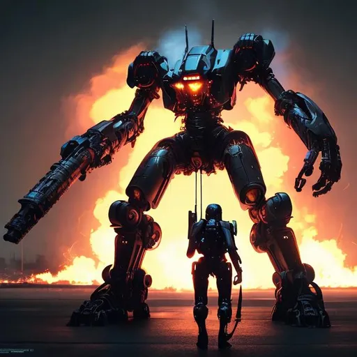 Prompt: Large mech with cannon arm, rifle arm, shoulder-mounted flamethrower, black silhouette, futuristic 3D rendering, intense lighting, high contrast, menacing presence, highres, ultra-detailed, sci-fi, futuristic, powerful, futuristic weaponry, dramatic lighting