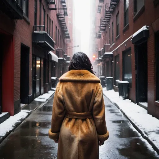 Prompt: Photo of woman in a fur coat with her back to the camera in a manhattan laneway cold rainy, grainy filter cold coloring
