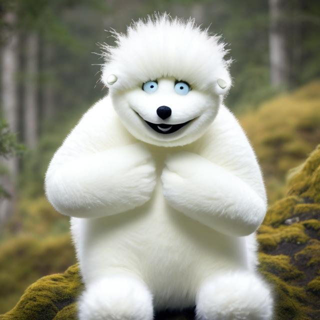 Prompt: A bright white fuzzy gorilla looking from the edge of the forest