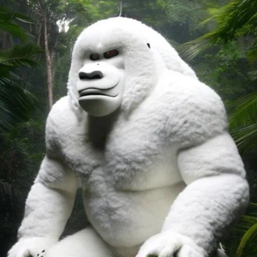 Prompt: A bright white huge gorilla looking from the edge of the dense forest facing me