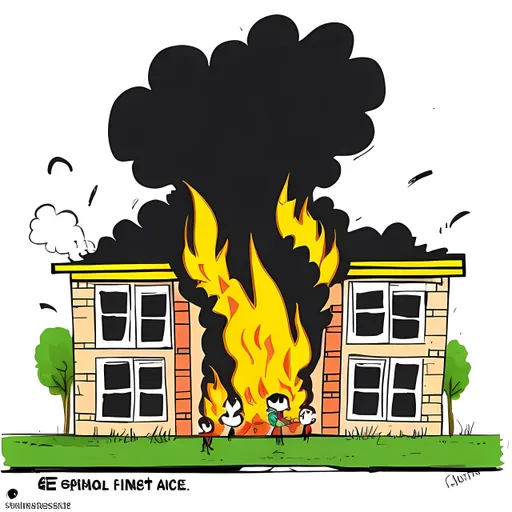 Prompt:  school on fire  "everything is fine" cartoon


