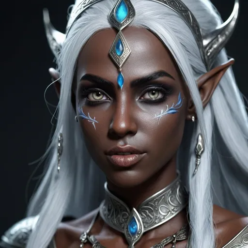 Prompt: (masterpiece) (very sharp) (8K UHD) (best quality) (hyper realistic).  Female drow elf priestess,  extremely detailed face, extremely detailed eyes, absolutely real, extremely detailed hair,  3D illustration, extremely detailed lips, 