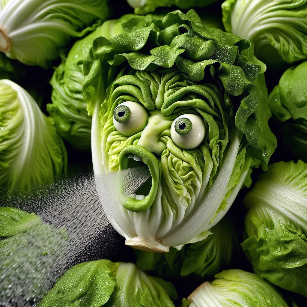 Prompt: Create a hyperdetailed photorealistic image of a head of lettuce with a goofy three-dimensional bas relief face, placed in a pile with other heads of lettuce. They have water droplets like they have just been sprayed off, and he just got sprayed directly in his face. He is spitting water out, with his lips pursed showing a spray of water coming out from them.