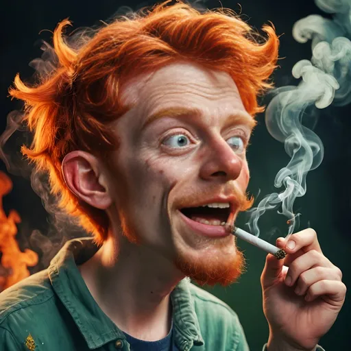Prompt: Create a really ugly ginger boy, with a goofy wide eyed expression, the whites of his eyes are bloodshot, smoking a very large Marijuana joint with smoke trailing off the end.