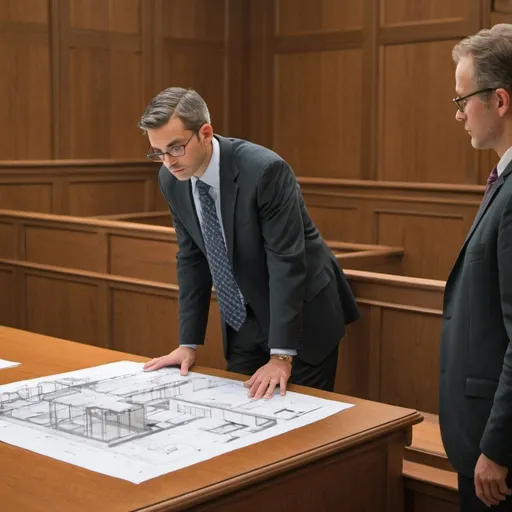 Prompt: An architect on the witness stand looking at construction plans.