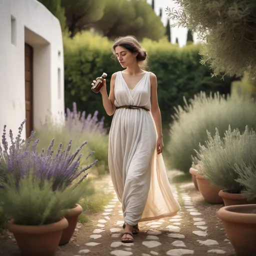 Prompt: greek relaxing young ancient woman walking in a garden holding an essential oil bottle and smell it
I want to merge between old culture and the modern days