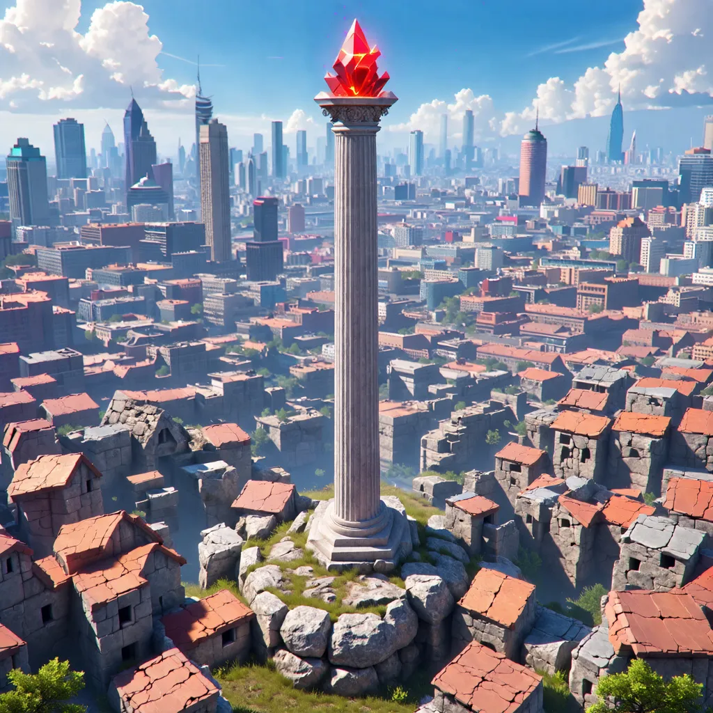 Prompt: Marble city with a towering pillar at the center. Red crystal in the center of the pillar. 