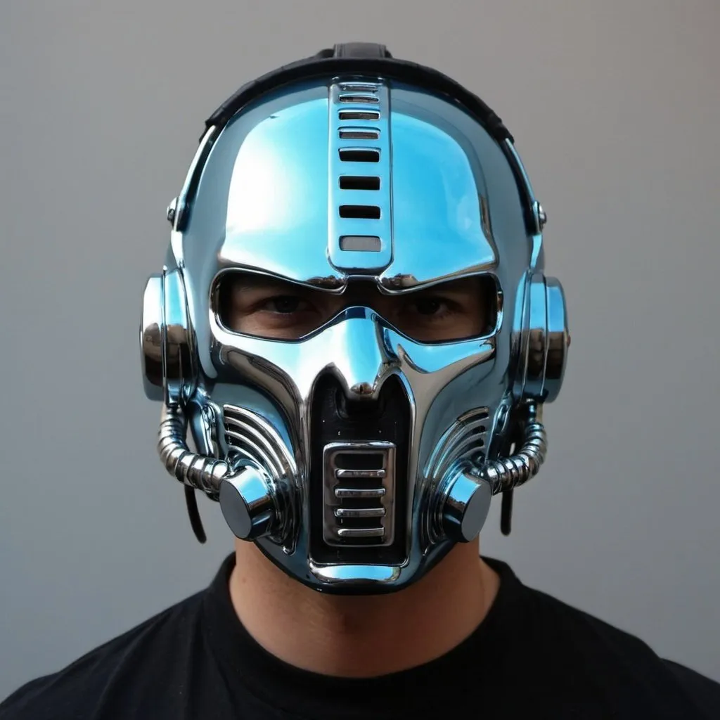 Prompt: Gangster light blue chrome face helmet mask creative custom Cyber punk The perfect man 