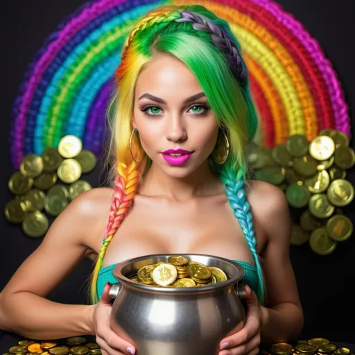 Prompt: A beautiful blonde petite female exotic dancer with popping out of a pot of gold bitcoins  with full lips and fill chest size green eyes and rainbow microbraided hair 