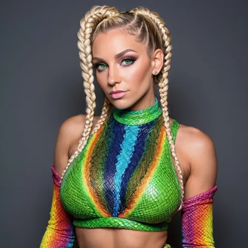 Prompt:  Blonde female green eyes  micro braided rainbow colored updo hair wearing matching outfit 2 piece revealing large cleavage with a reptilian outfit matching tight exotic revealing adult film star