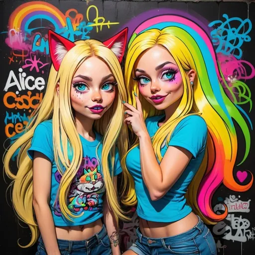 Prompt: Cartoon attitude  characture graffitti blonde neon rainbow long hair the Chester cat and Alice on lsd