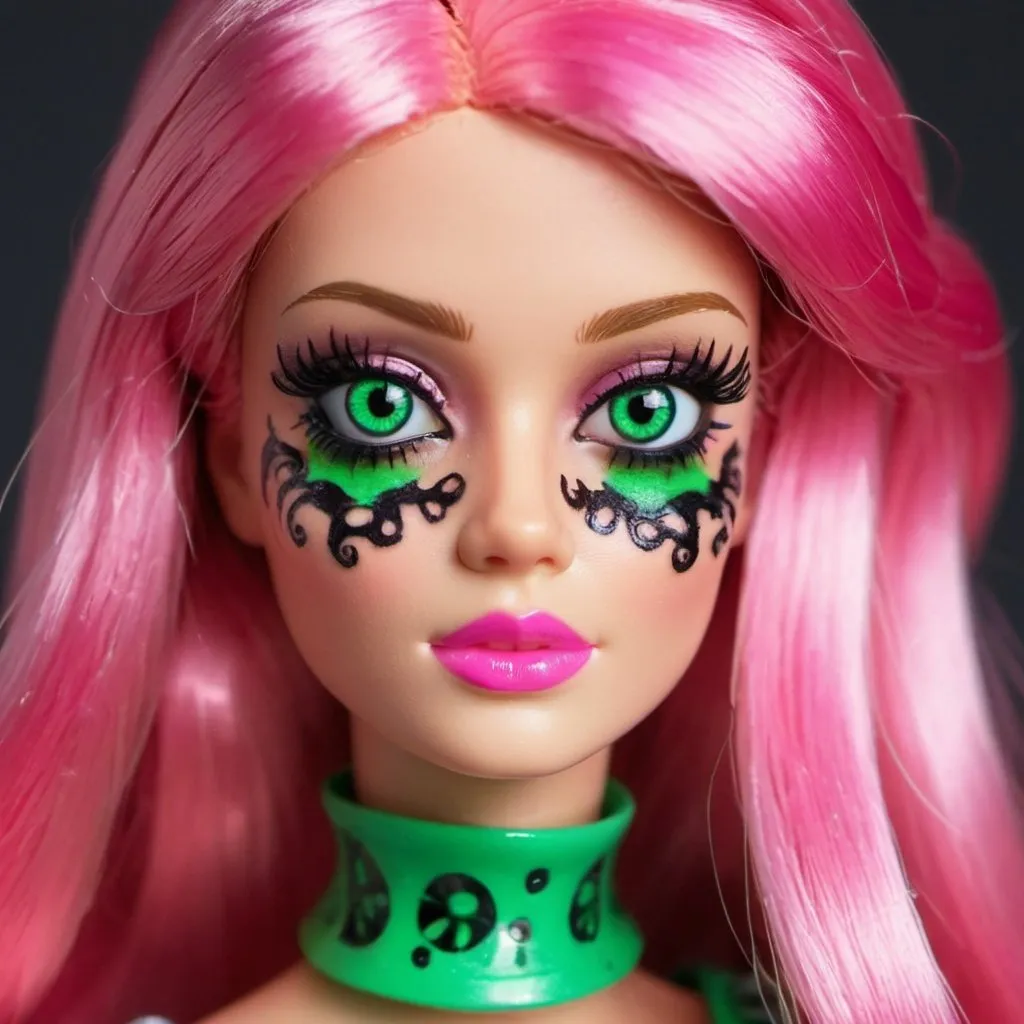 Prompt:  barbie with green eyes and cosplay psycadelic and morbid 