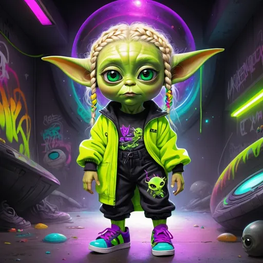 Prompt: A kids fictional characture with green eyes and blonde  rainbow microbraided hair and revealing also extra large cleavage wearing tight multicolored neon yellow neon purple and black graffiti outfit and shoes holding an alien extraterrestrial  yoda
