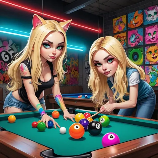 Prompt: Cartoon attitude  characture graffitti blonde neon rainbow long hair the Chester cat and Alice plating a game of 8ball pool