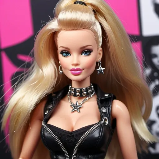 Prompt: Punk rocker barbie designer revelaing extra large cleavage 