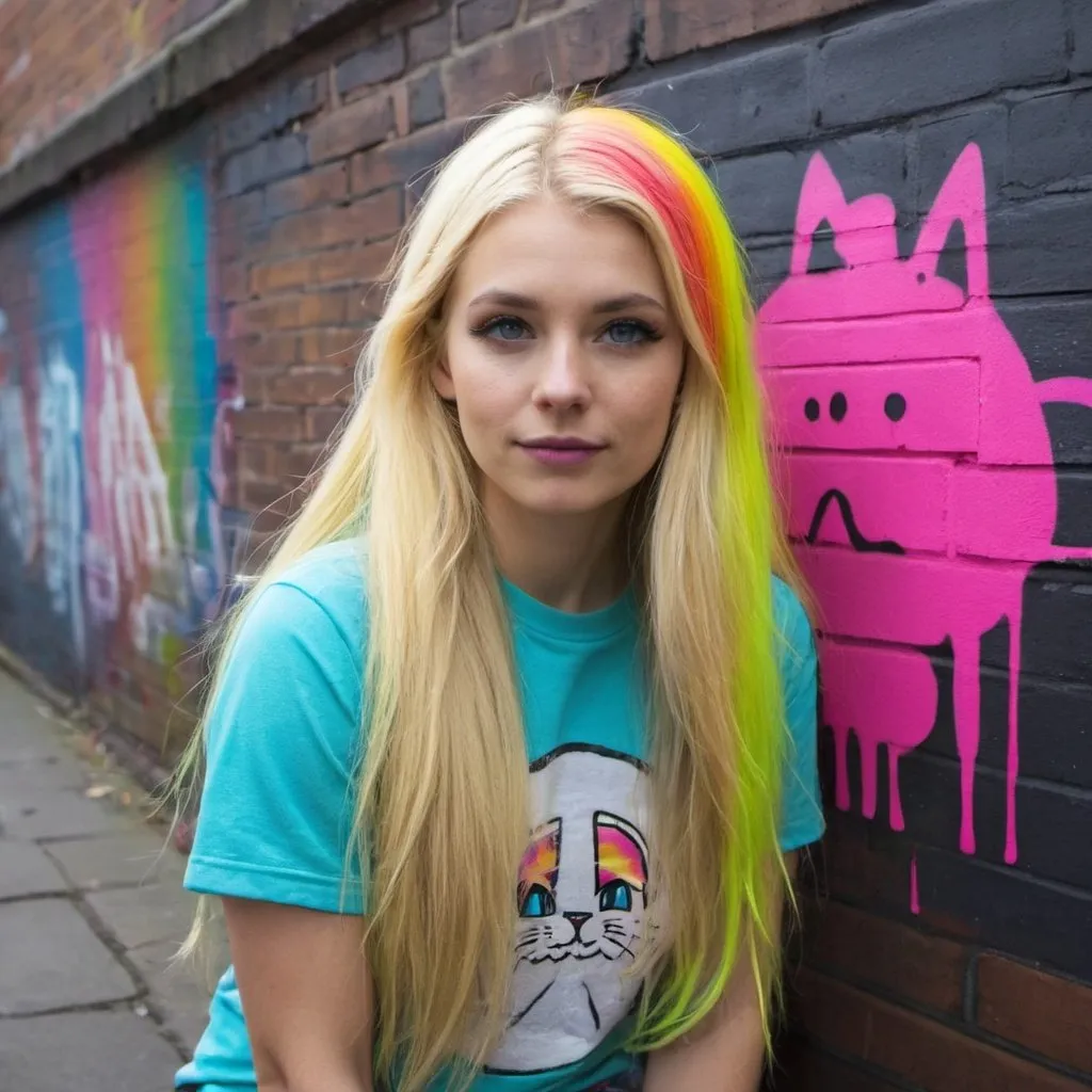 Prompt: graffitti blonde neon rainbow long hair the Chester cat and Alice