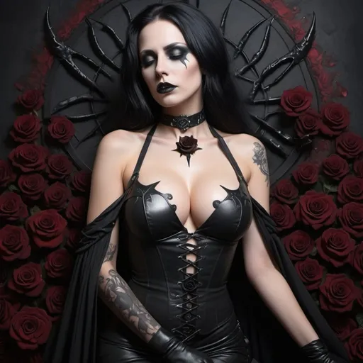 Prompt: A morning star widow extra large revealing cleavage a black rose of sorrow Inside a realm of her own thoughts and fantasy for gothic experimental exotic forplay leather sensual