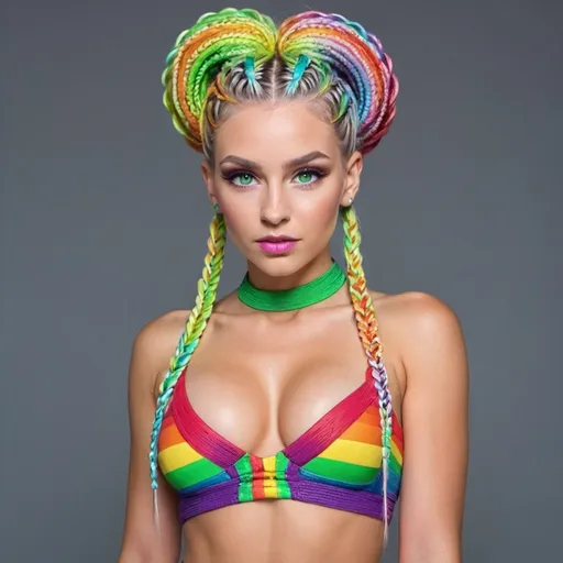 Prompt: White caucasian  Blonde female green eyes  micro braided rainbow colored updo hair wearing matching outfit 2 piece revealing large cleavage with a alien