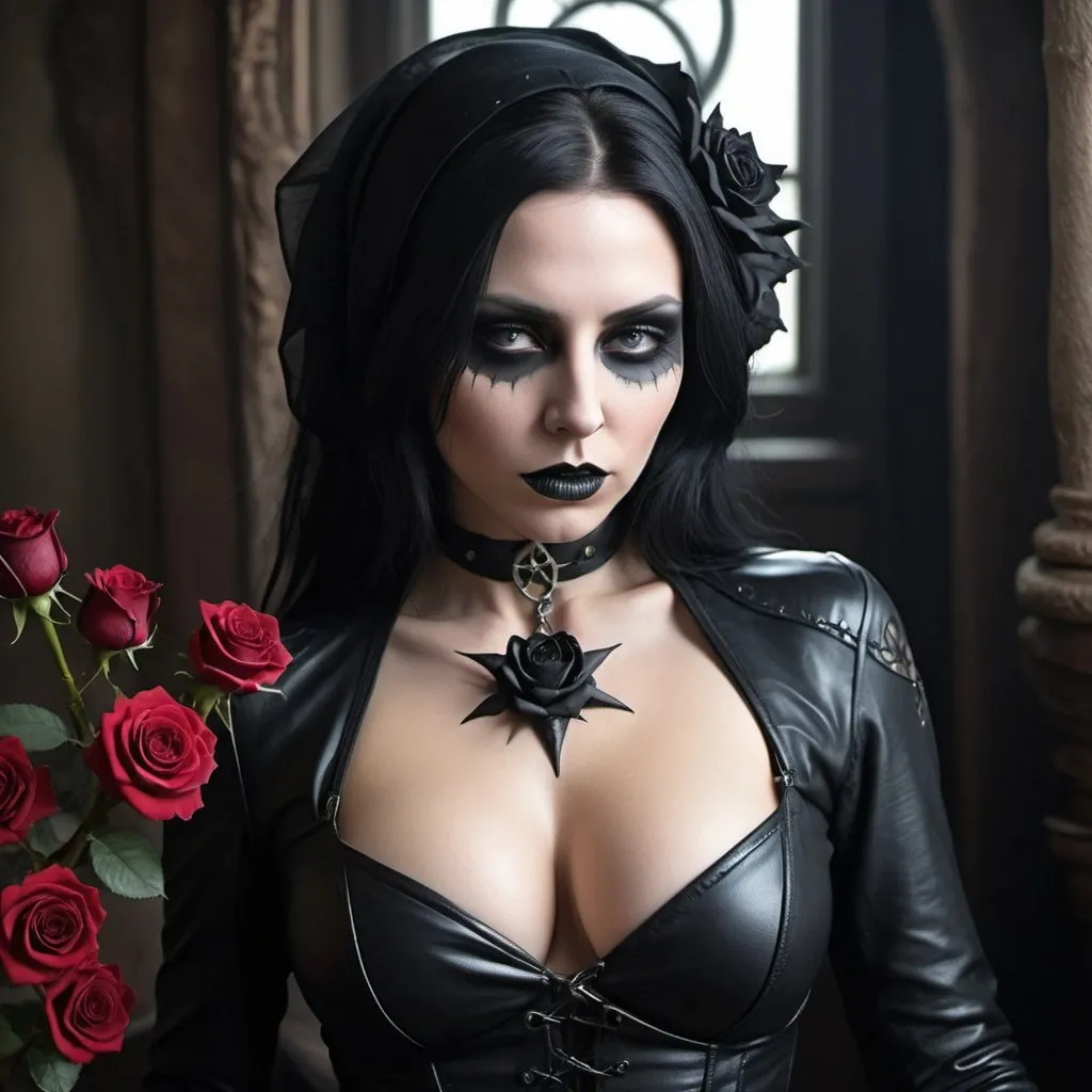 Prompt: A morning star widow extra large revealing cleavage a black rose of sorrow Inside a realm of her own thoughts and fantasy for gothic experimental exotic forplay leather sensual