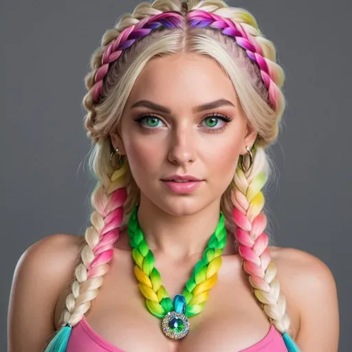 Prompt: Blonde female with green eyes and rainbow micro braided hair wearing little pink designer outfit  revelaing extra large cleavage 