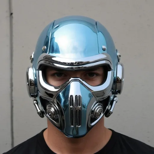 Prompt: Gangster light blue chrome face helmet mask creative custom Cyber punk The perfect man matching harley davidson